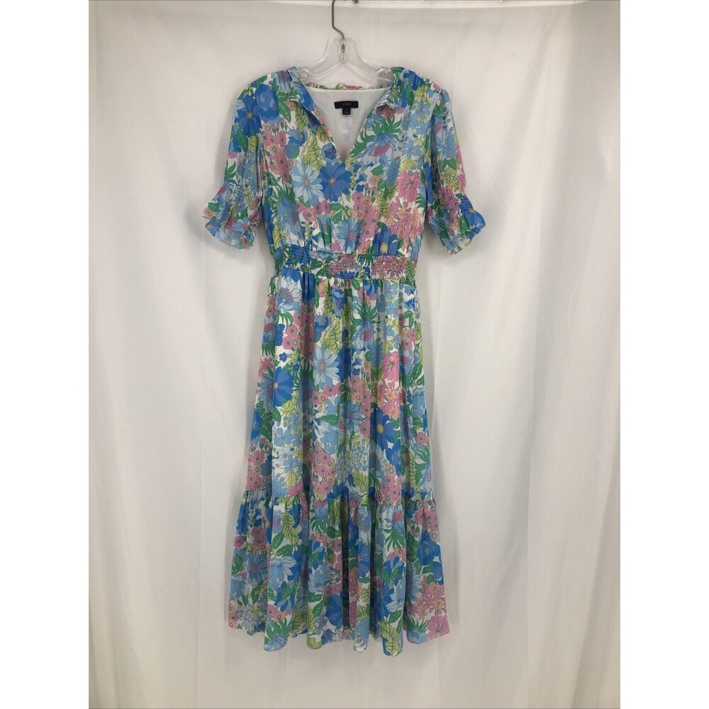 J.Crew Dress Womens Sz S Midi in Fairy Floral Tiered Blue Pink Smocked V-Neck